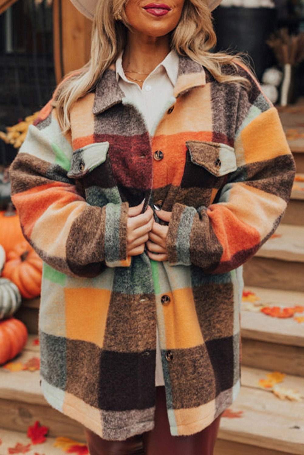Orange Plaid Print Flap Pocket Shacket - MAD RUFFI