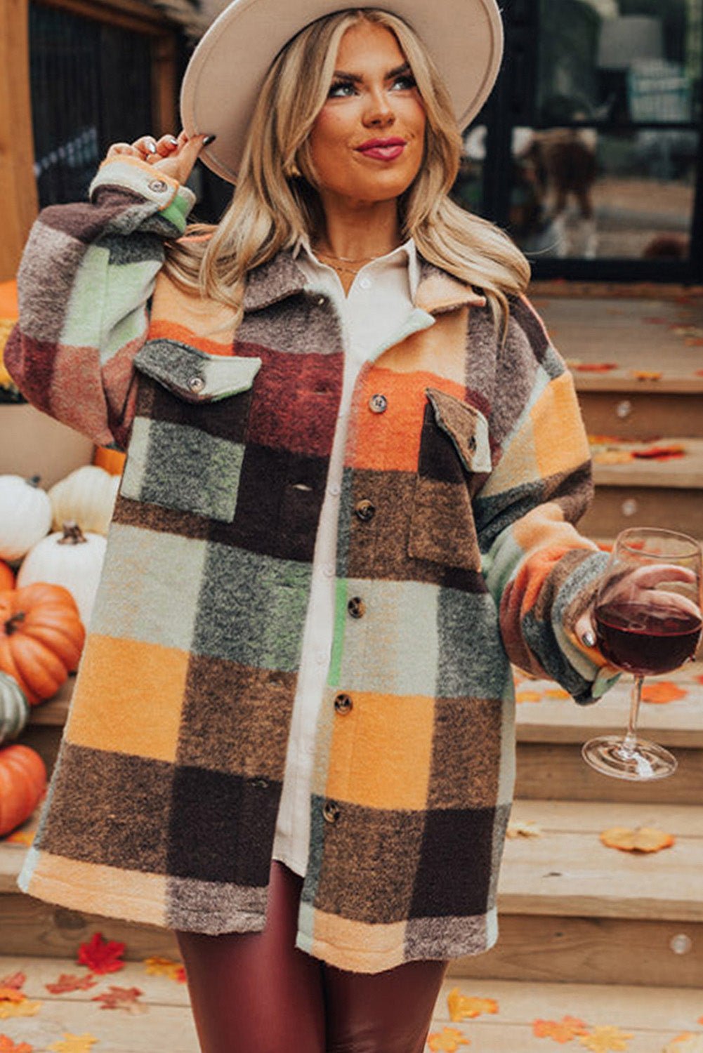 Orange Plaid Print Flap Pocket Shacket - MAD RUFFI