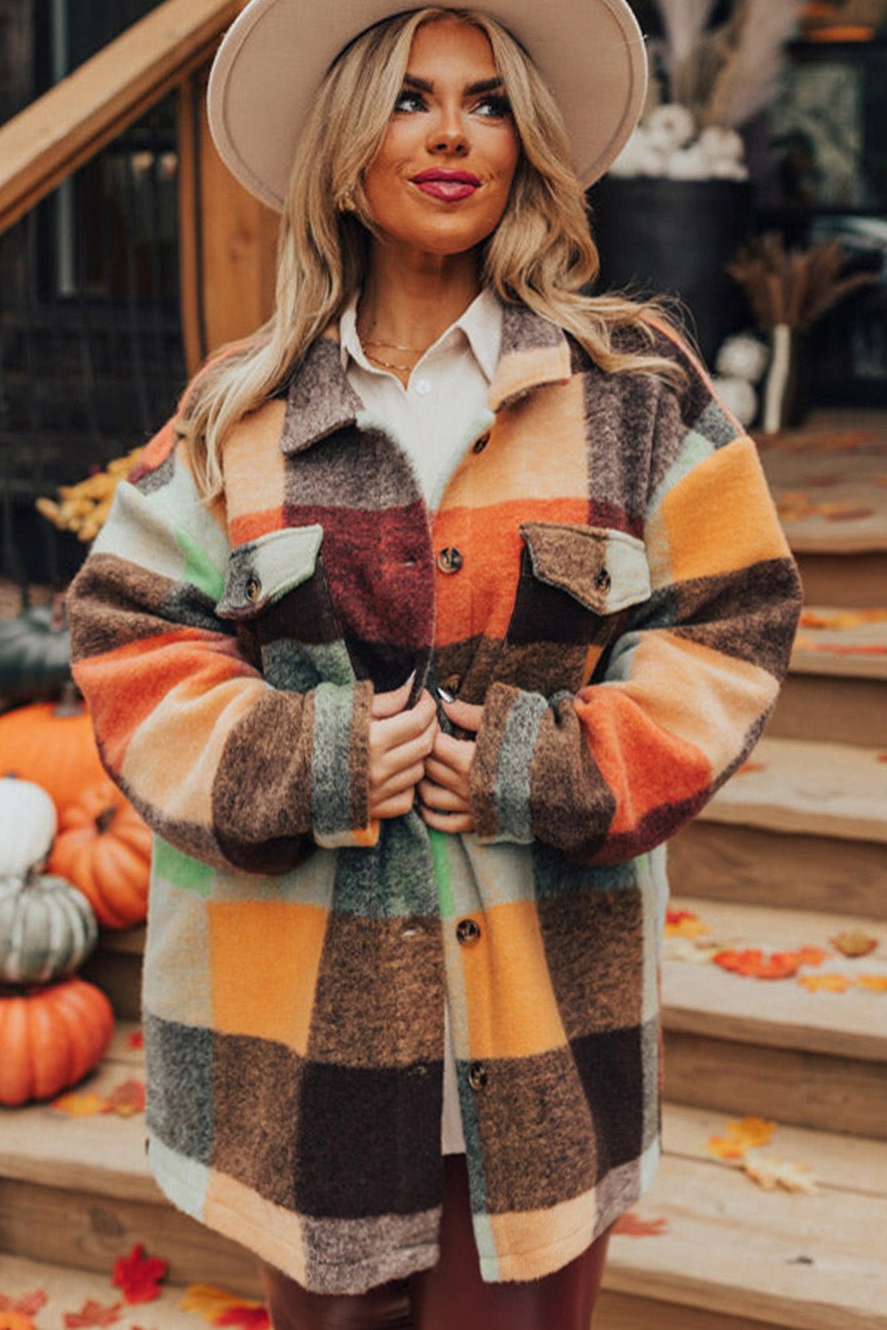 Orange Plaid Print Flap Pocket Shacket - MAD RUFFI