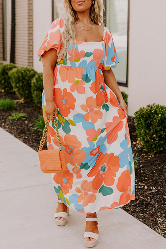 Orange Plus Size Floral Print Square Neck Maxi Dress - MAD RUFFI