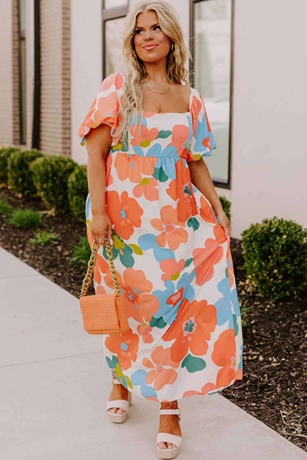 Orange Plus Size Floral Print Square Neck Maxi Dress - MAD RUFFI