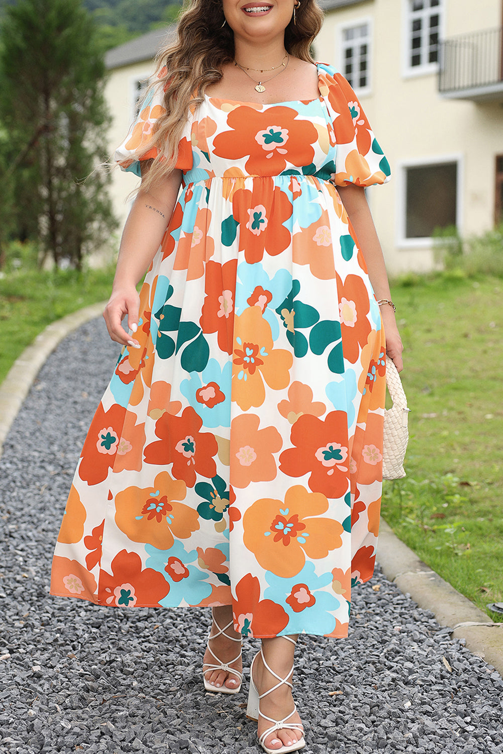 Orange Plus Size Floral Print Square Neck Maxi Dress - MAD RUFFI