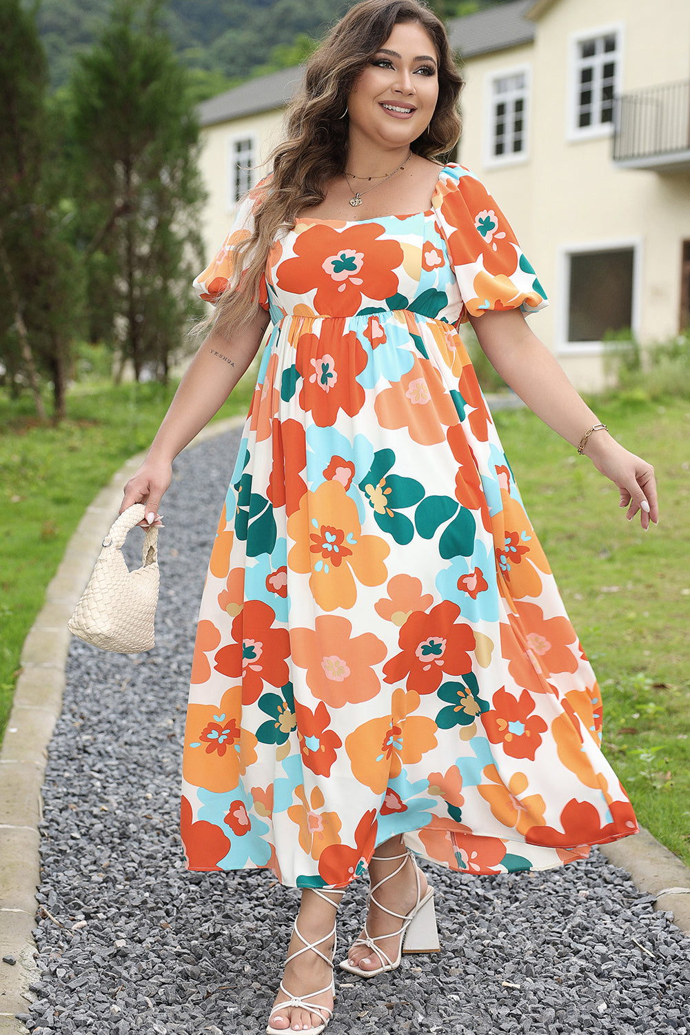 Orange Plus Size Floral Print Square Neck Maxi Dress - MAD RUFFI