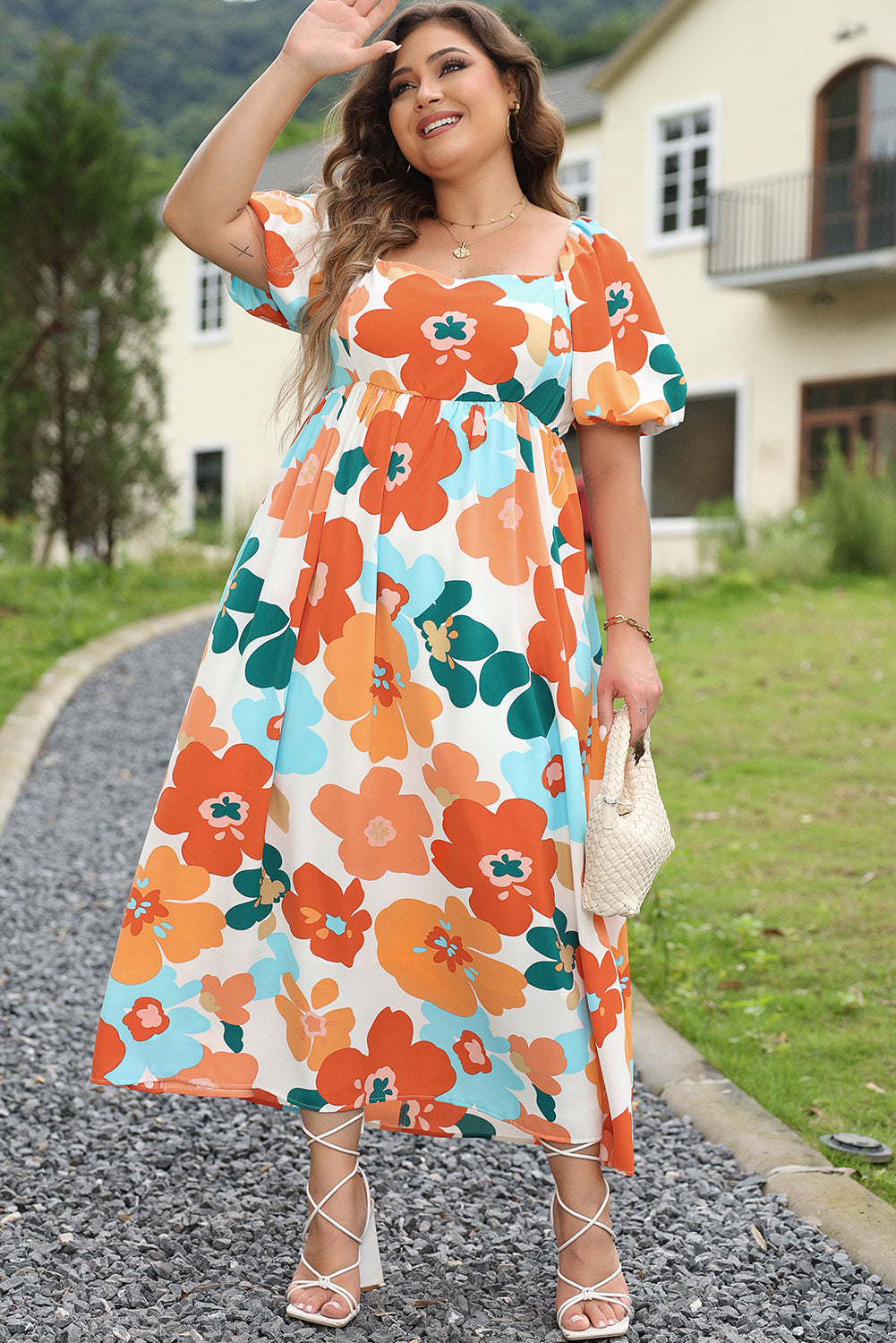 Orange Plus Size Floral Print Square Neck Maxi Dress - MAD RUFFI