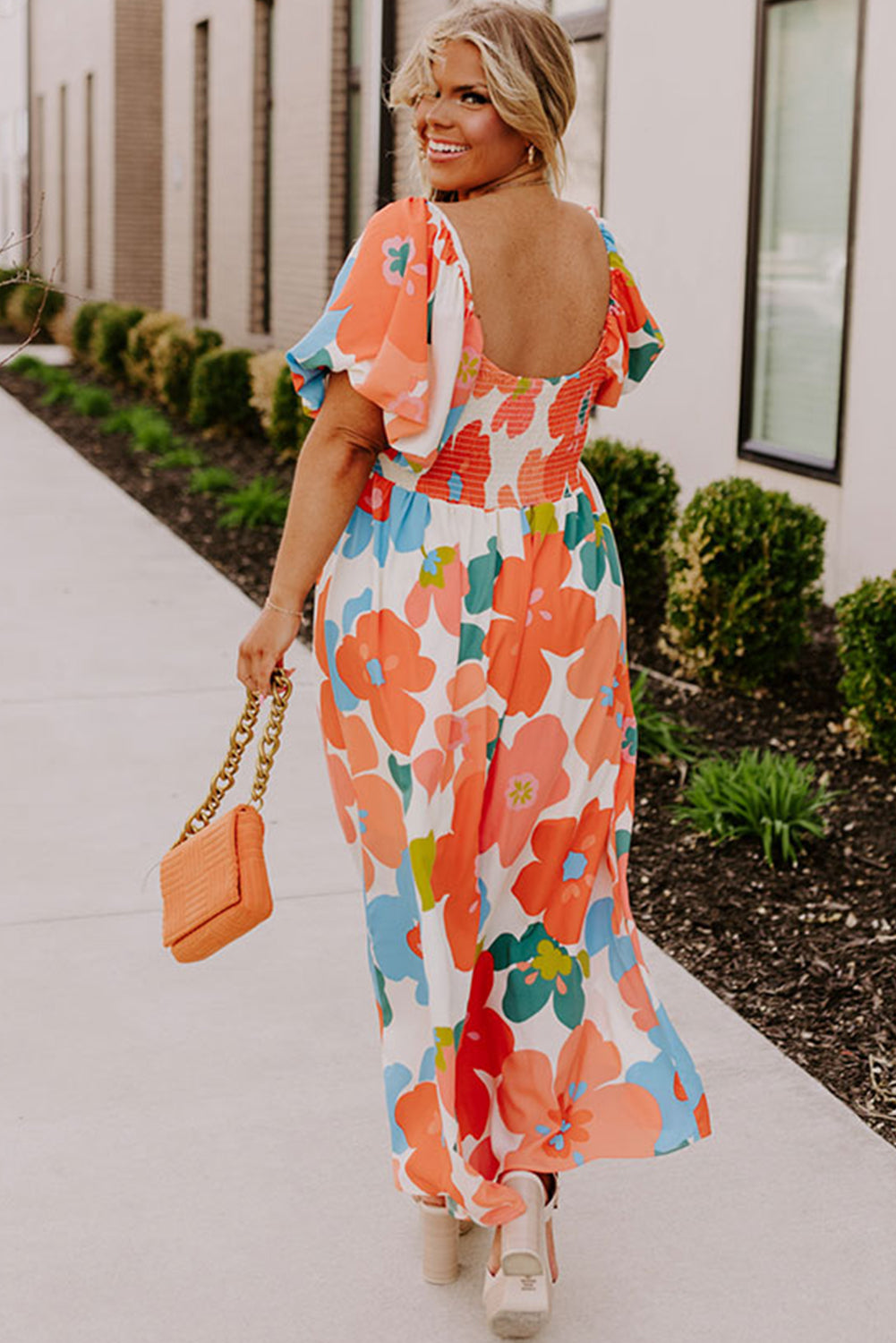 Orange Plus Size Floral Print Square Neck Maxi Dress - MAD RUFFI