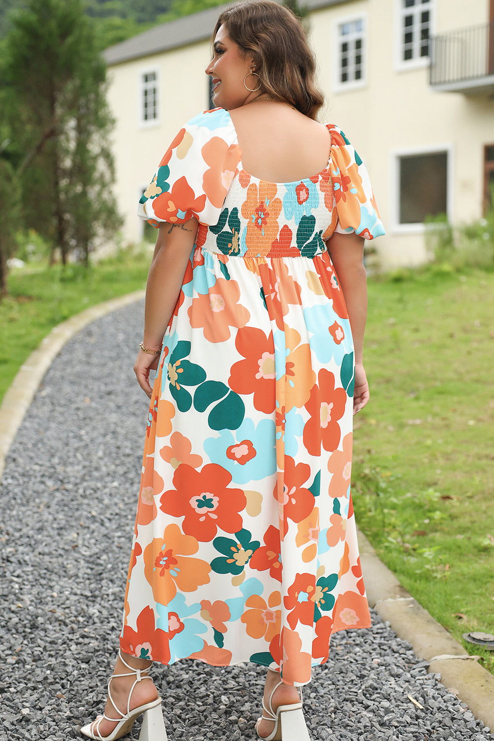 Orange Plus Size Floral Print Square Neck Maxi Dress - MAD RUFFI