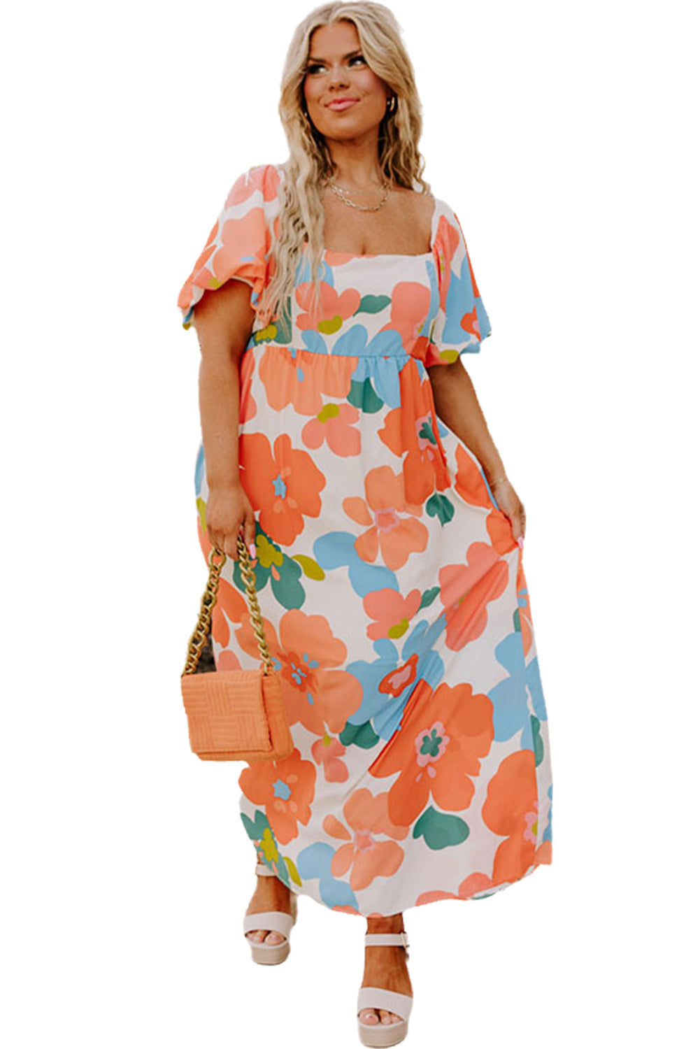 Orange Plus Size Floral Print Square Neck Maxi Dress - MAD RUFFI