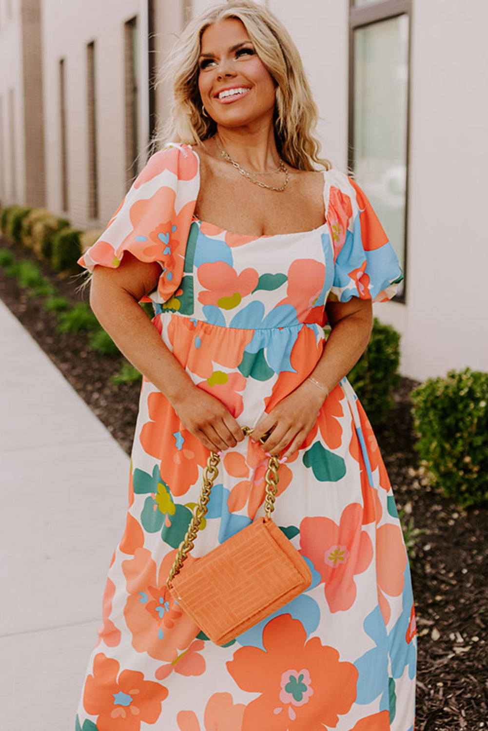 Orange Plus Size Floral Print Square Neck Maxi Dress - MAD RUFFI