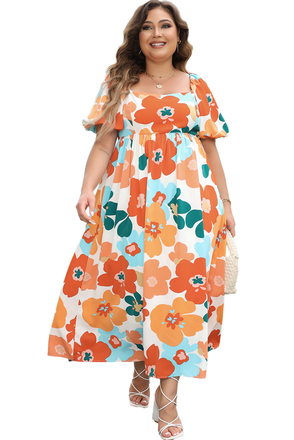 Orange Plus Size Floral Print Square Neck Maxi Dress - MAD RUFFI