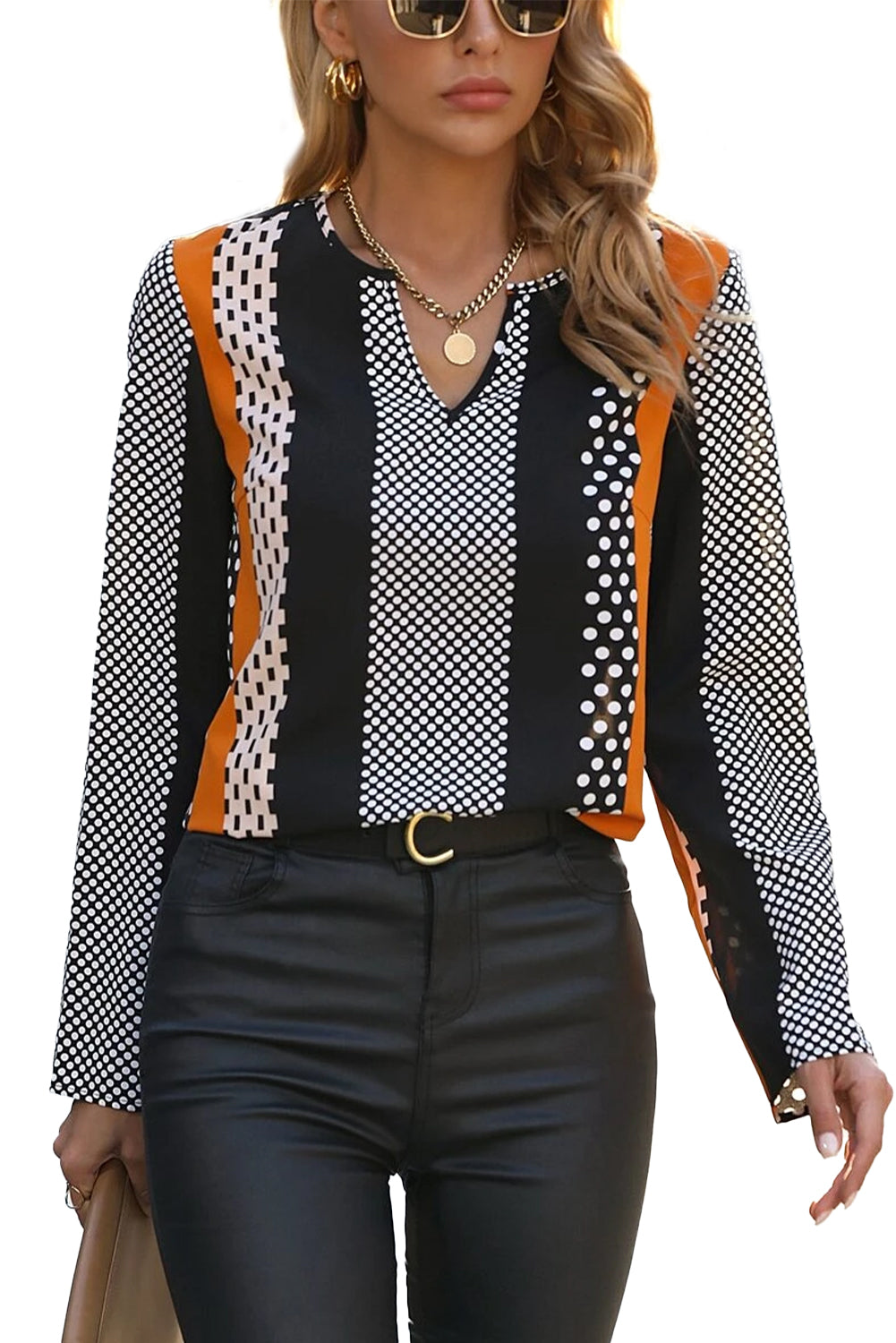 Orange Polka Dot Print Colorblock Notched Neck Top - MAD RUFFI