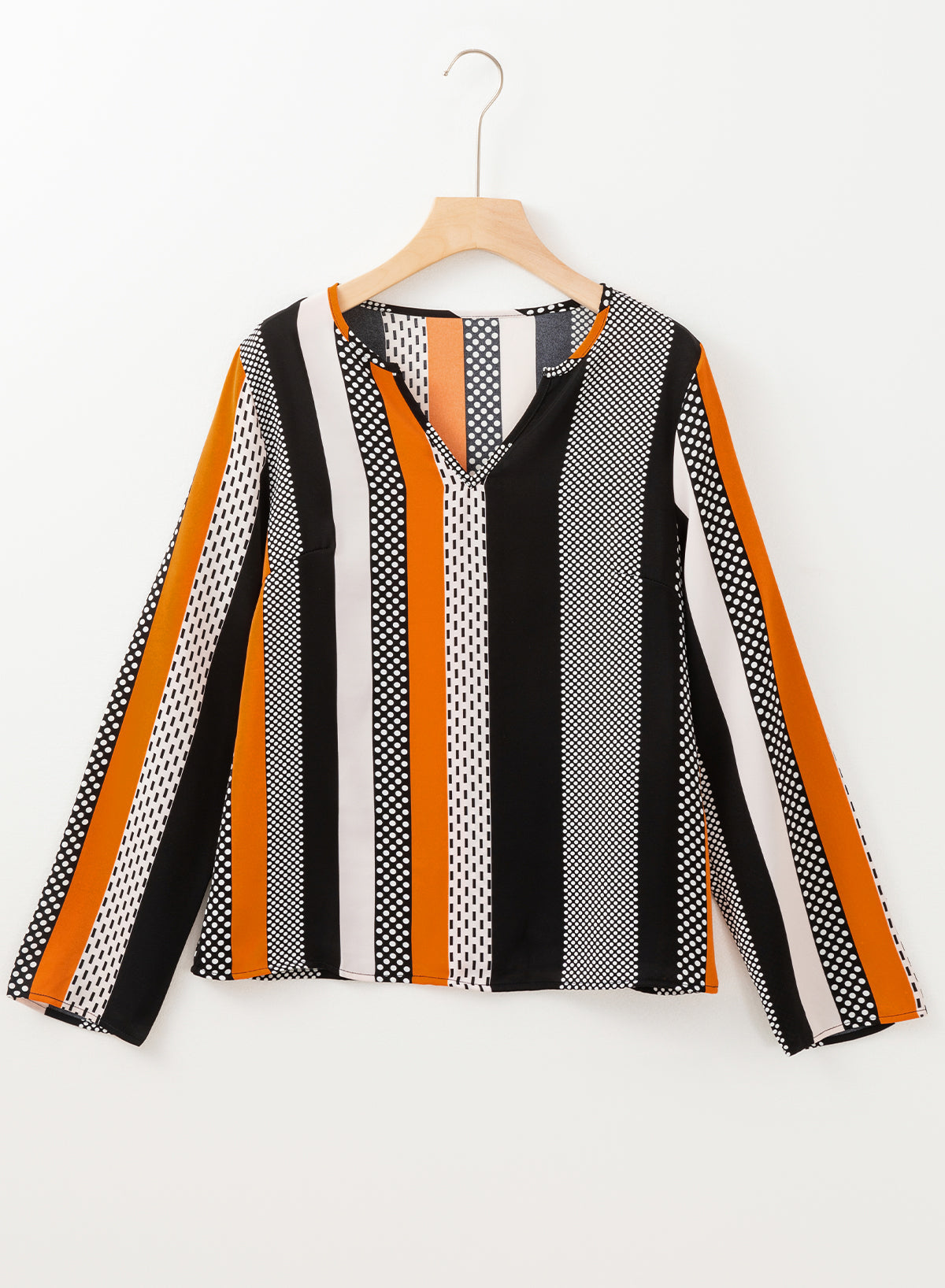 Orange Polka Dot Print Colorblock Notched Neck Top - MAD RUFFI