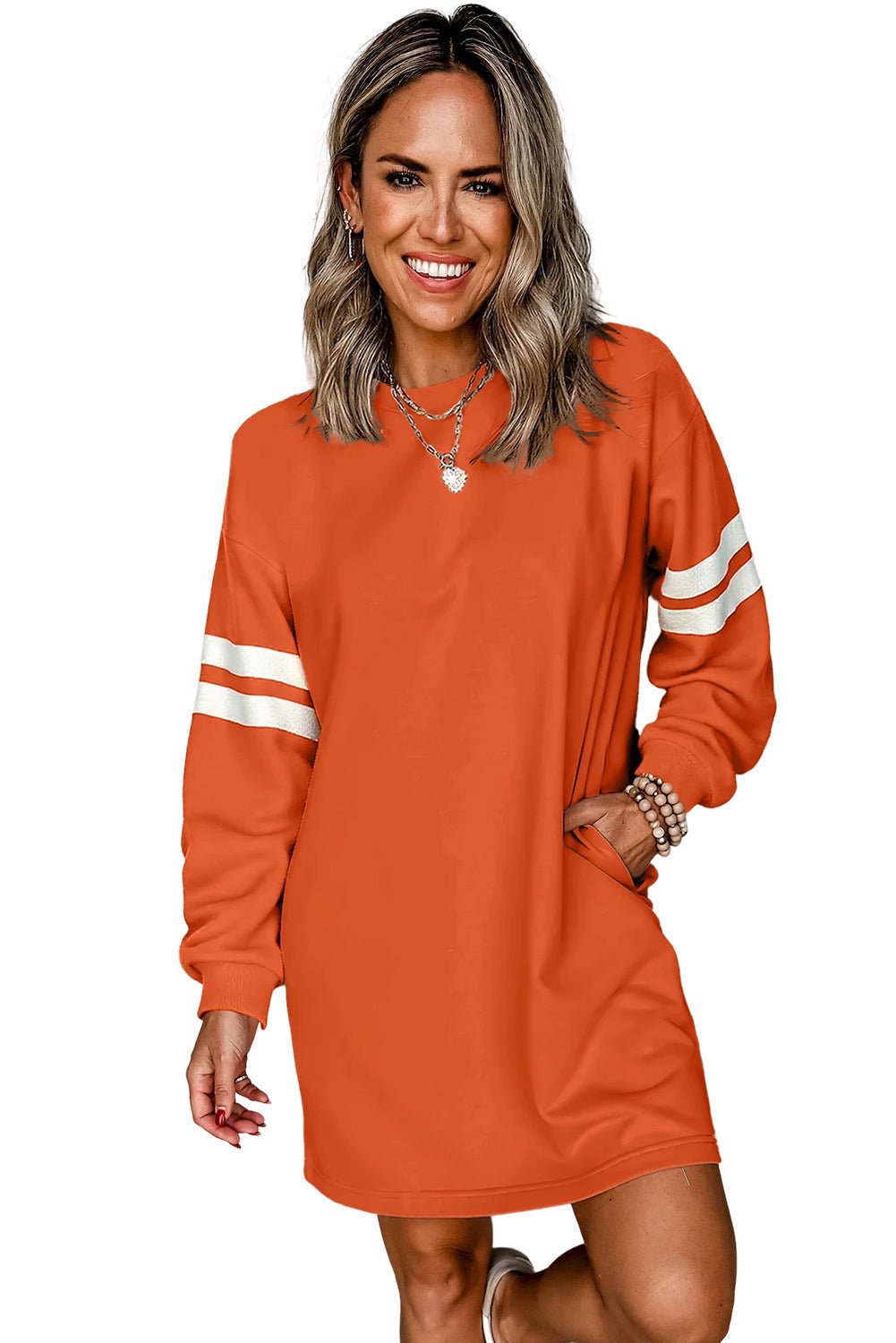 Orange Preppy Striped Sleeve Loose Mini Dress - MAD RUFFI
