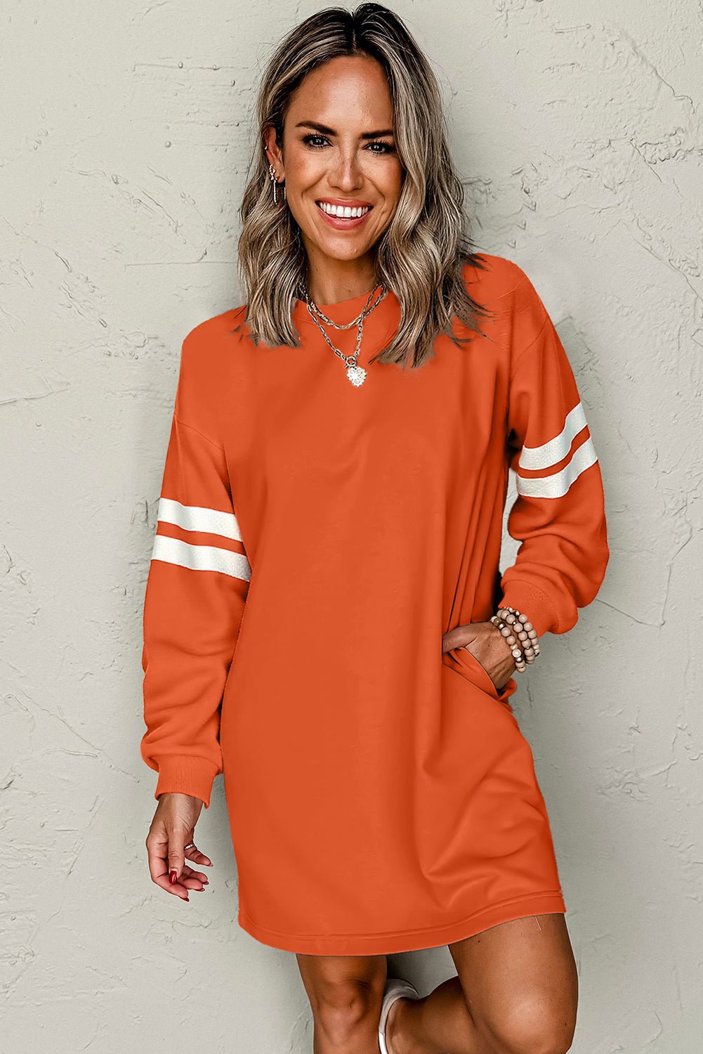 Orange Preppy Striped Sleeve Loose Mini Dress - MAD RUFFI
