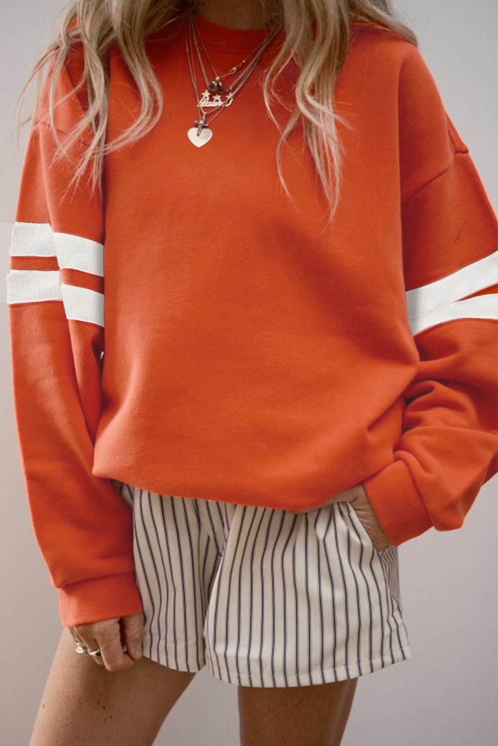 Orange Preppy Striped Sleeve Loose Sweatshirt - MAD RUFFI