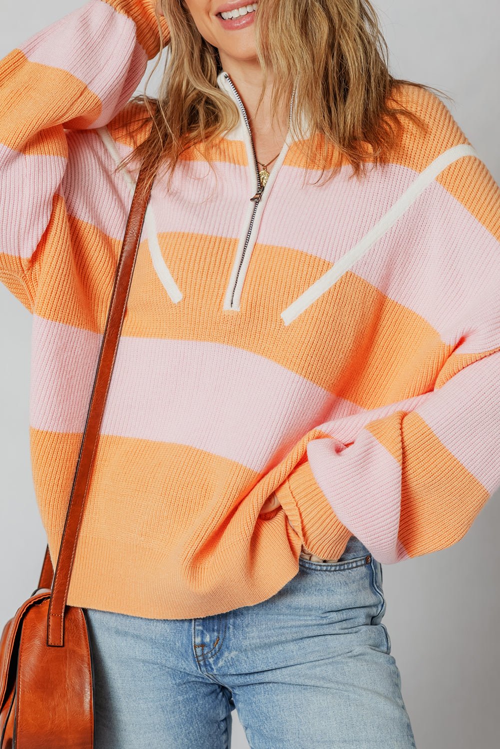 Orange Stripe Half Zip Collar Loose Sweater - MAD RUFFI