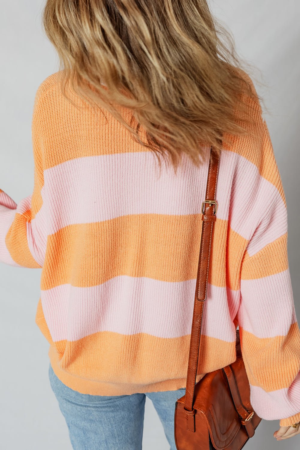 Orange Stripe Half Zip Collar Loose Sweater - MAD RUFFI