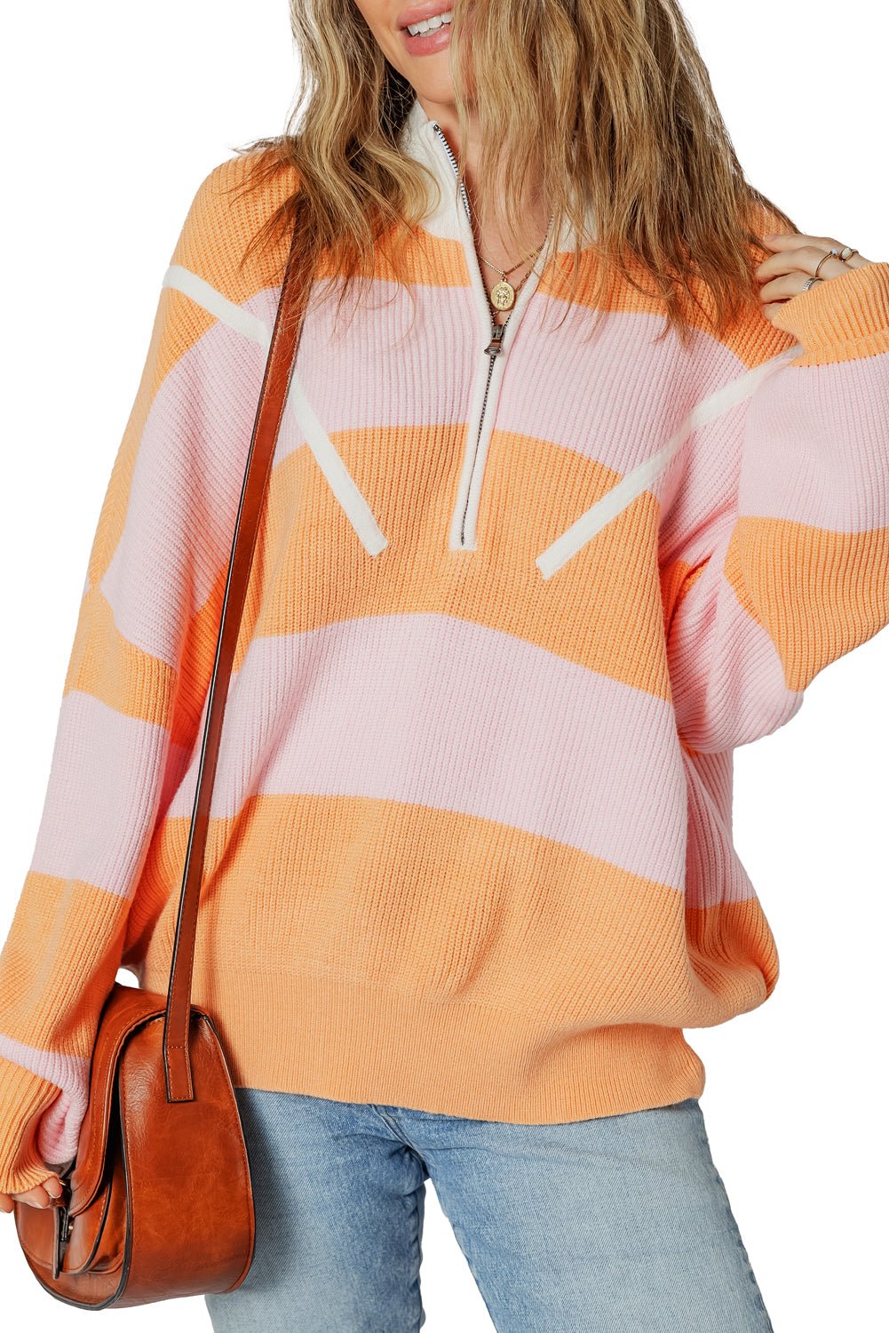 Orange Stripe Half Zip Collar Loose Sweater - MAD RUFFI