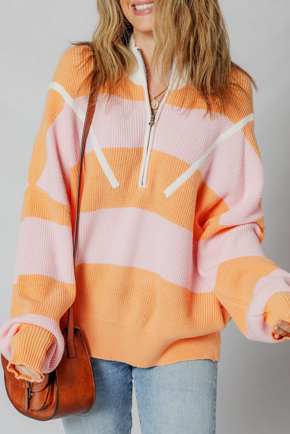 Orange Stripe Half Zip Collar Loose Sweater - MAD RUFFI