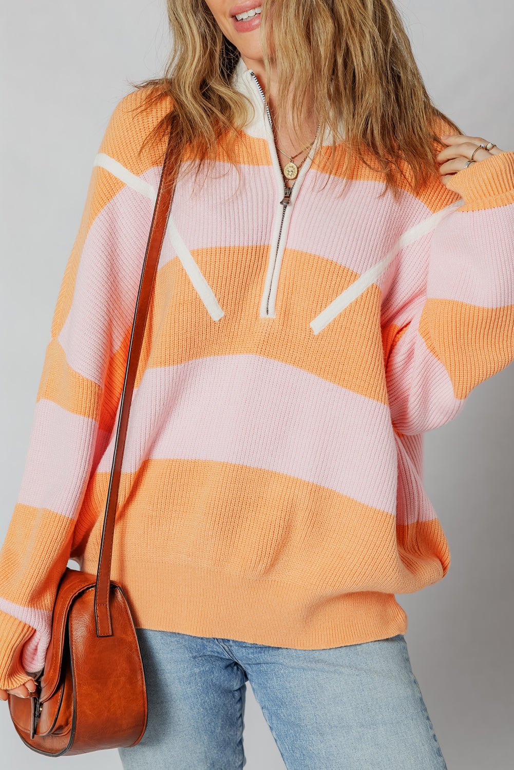 Orange Stripe Half Zip Collar Loose Sweater - MAD RUFFI