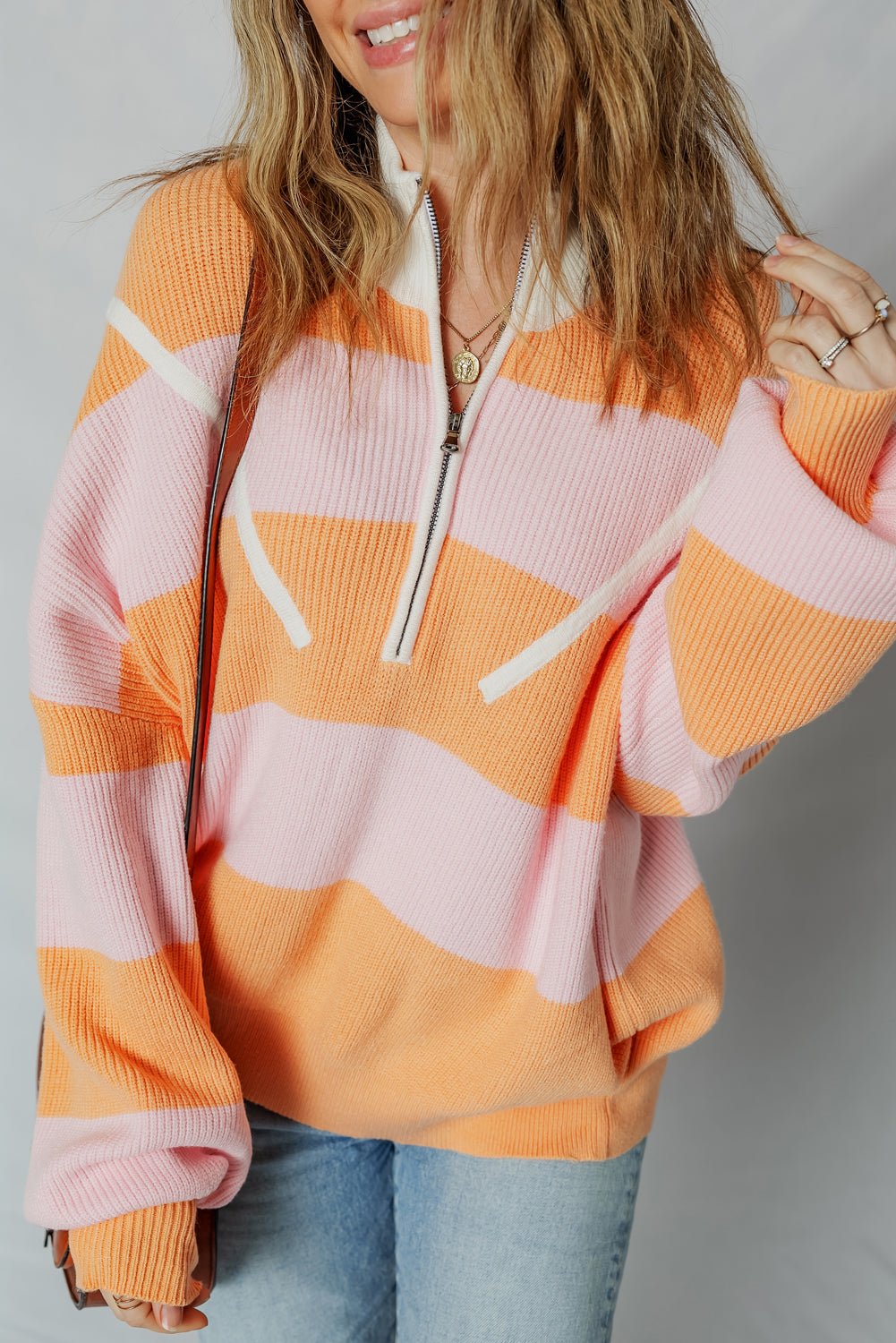 Orange Stripe Half Zip Collar Loose Sweater - MAD RUFFI