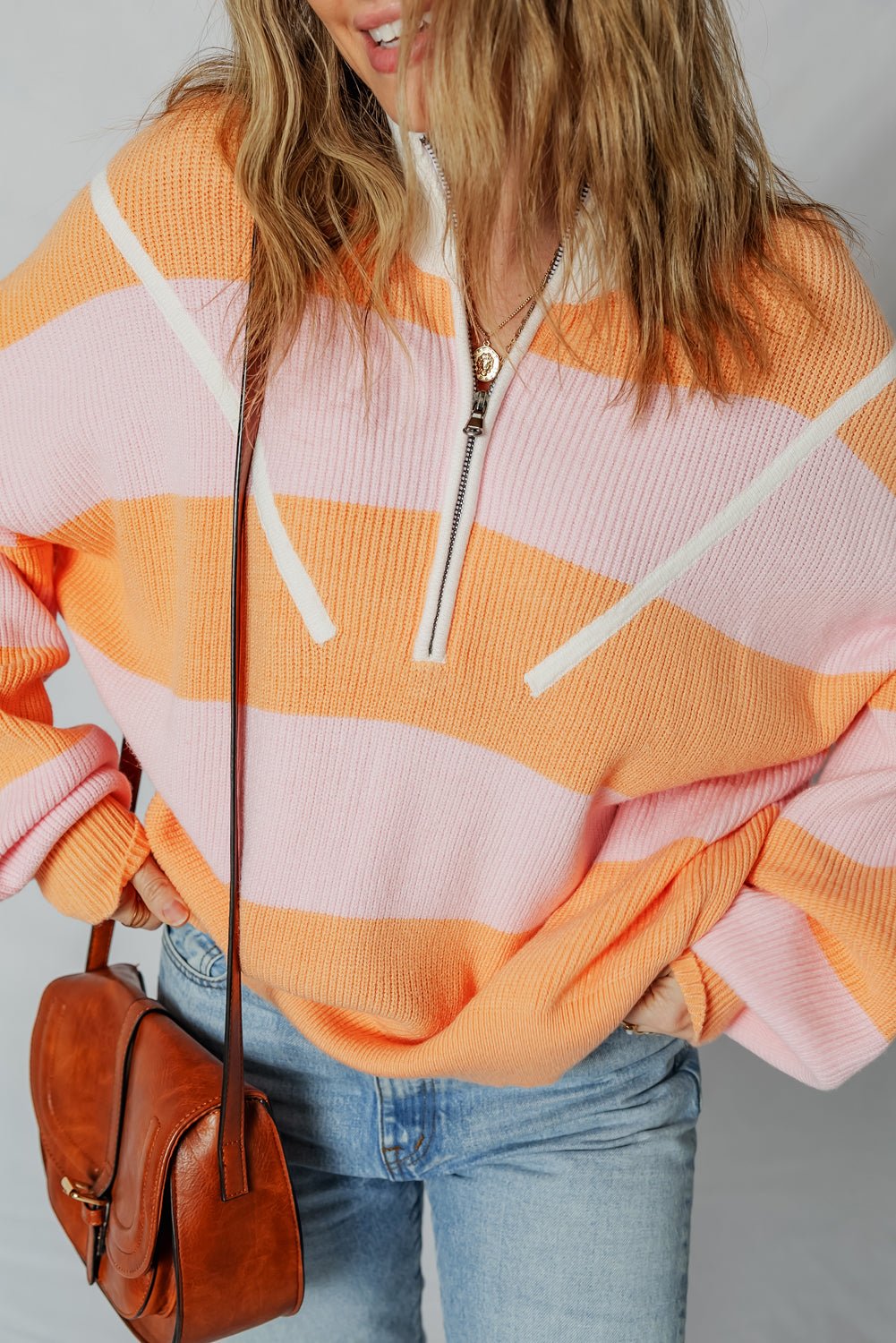 Orange Stripe Half Zip Collar Loose Sweater - MAD RUFFI