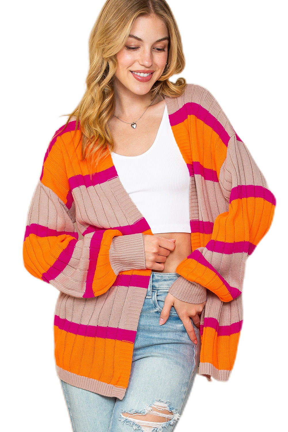 Orange Stripe Print Ribbed Knit Sweater Cardigan - MAD RUFFI