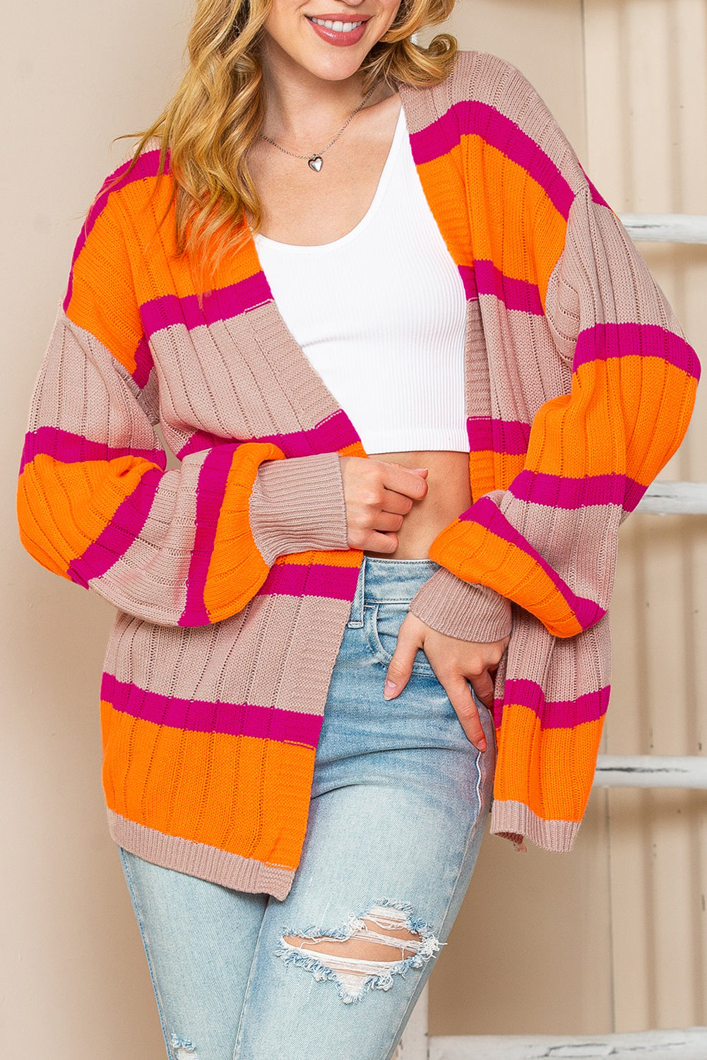 Orange Stripe Print Ribbed Knit Sweater Cardigan - MAD RUFFI