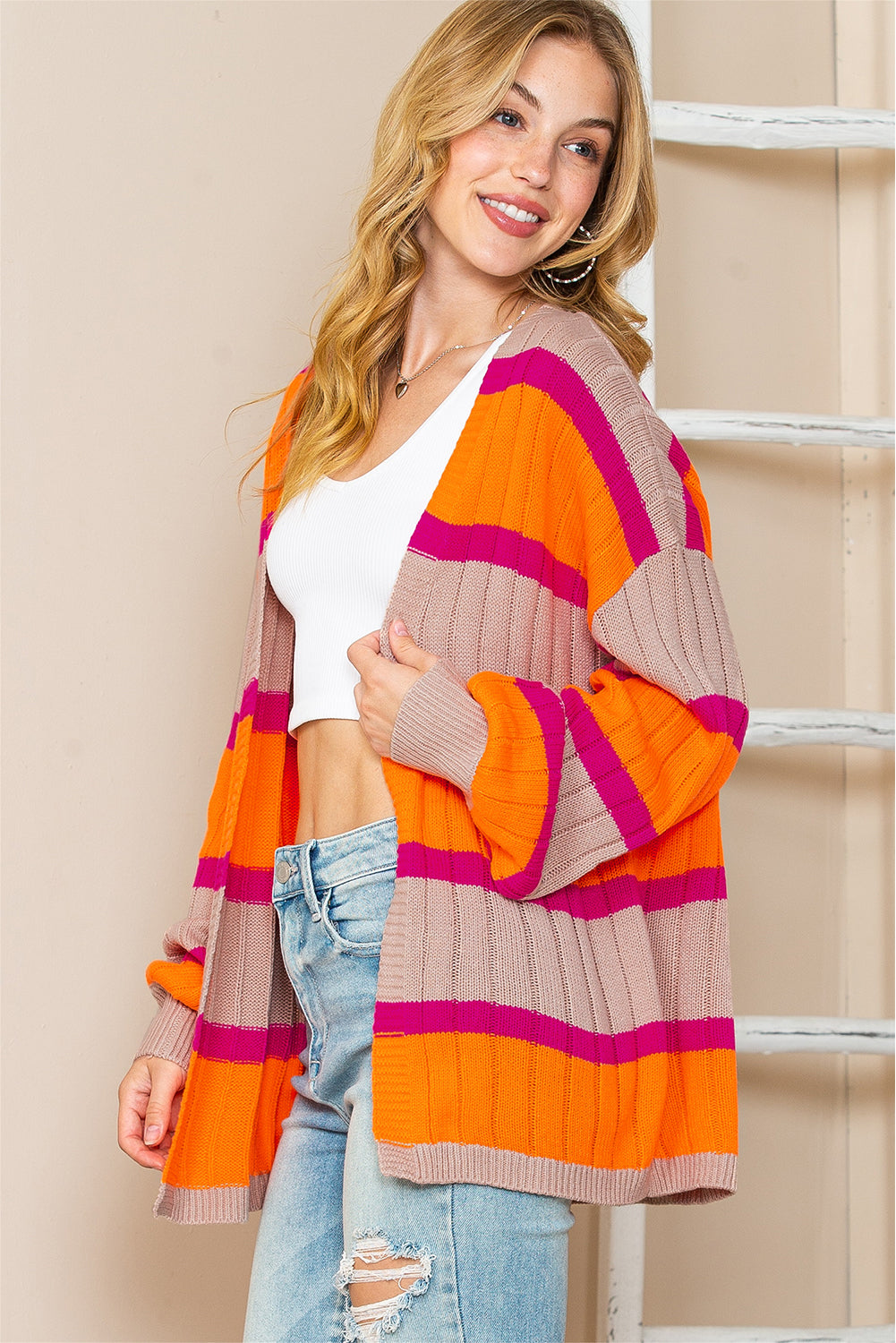 Orange Stripe Print Ribbed Knit Sweater Cardigan - MAD RUFFI