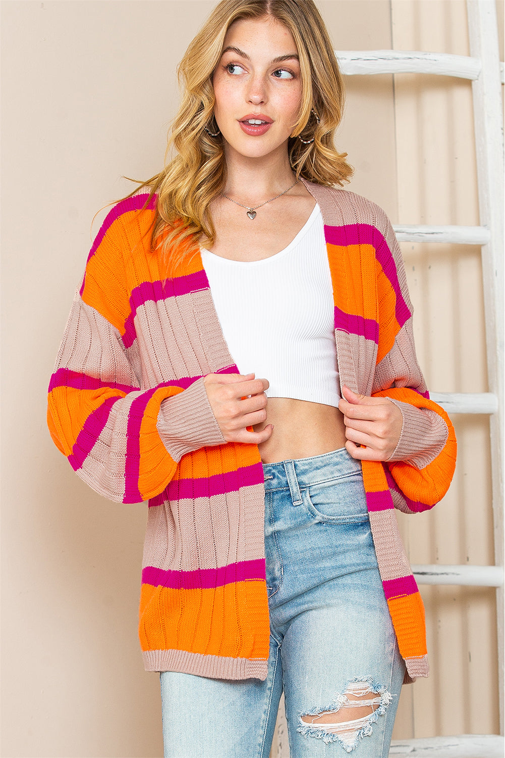 Orange Stripe Print Ribbed Knit Sweater Cardigan - MAD RUFFI