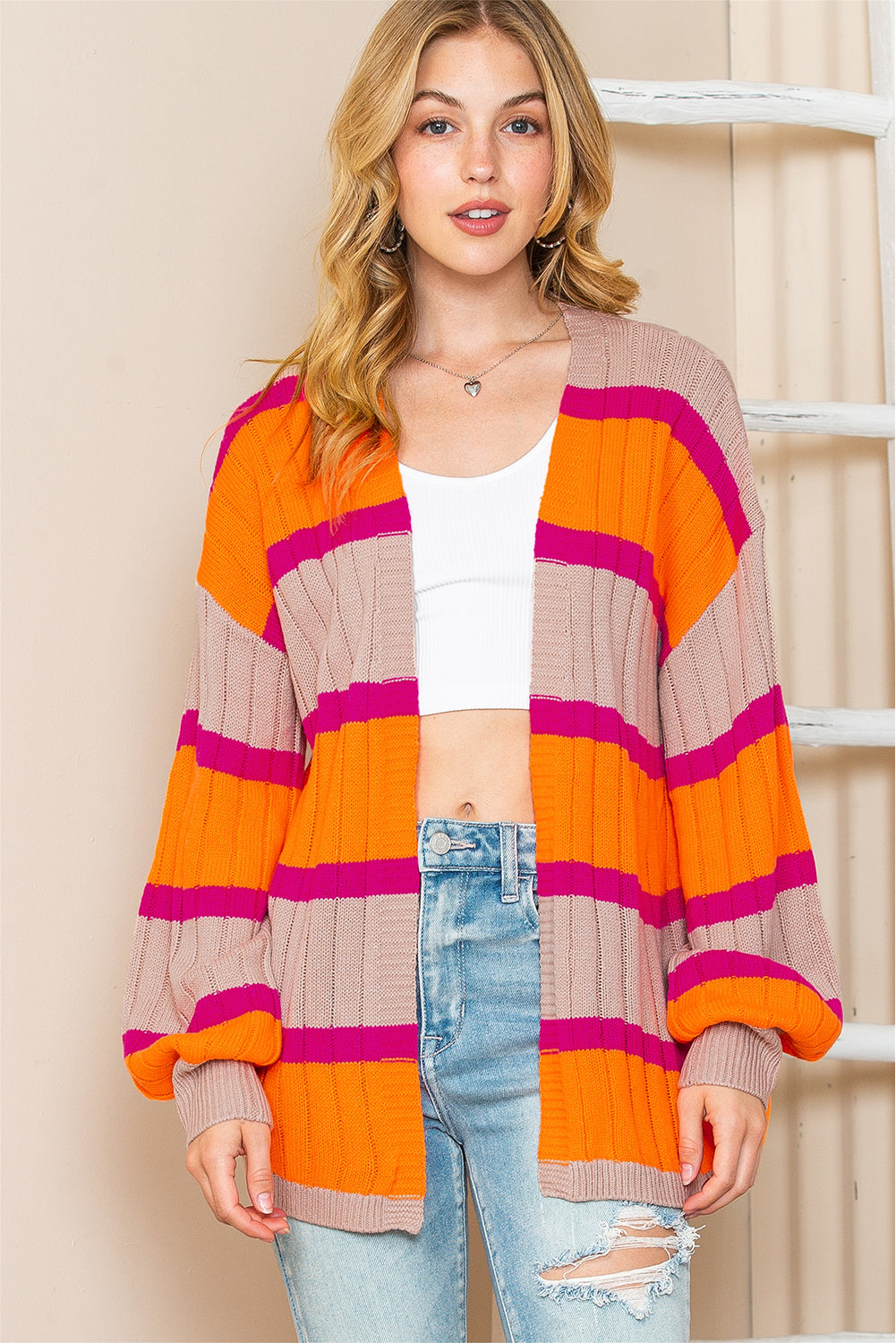 Orange Stripe Print Ribbed Knit Sweater Cardigan - MAD RUFFI