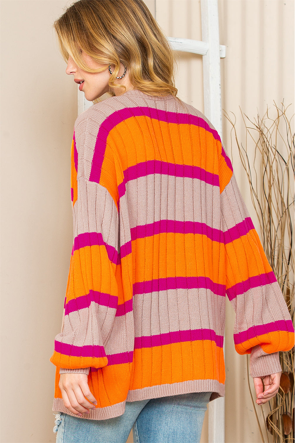 Orange Stripe Print Ribbed Knit Sweater Cardigan - MAD RUFFI