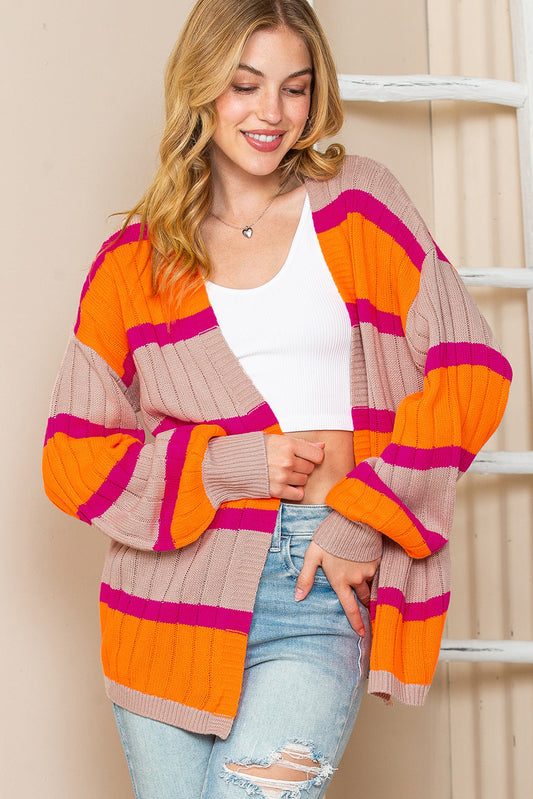 Orange Stripe Print Ribbed Knit Sweater Cardigan - MAD RUFFI