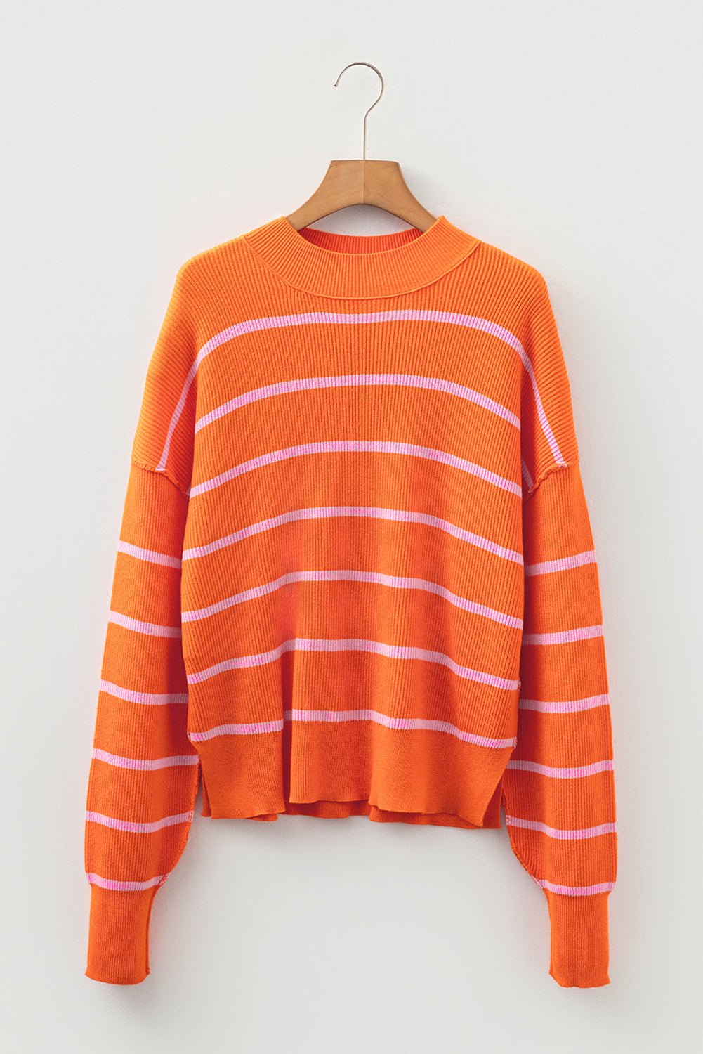 Orange Stripe Ribbed High Neck Drop Shoulder Boxy Fit Sweater - MAD RUFFI