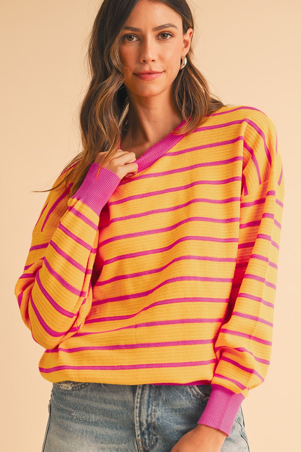 Orange Stripe Round Neck Drop Shoulder Loose Sweater - MAD RUFFI