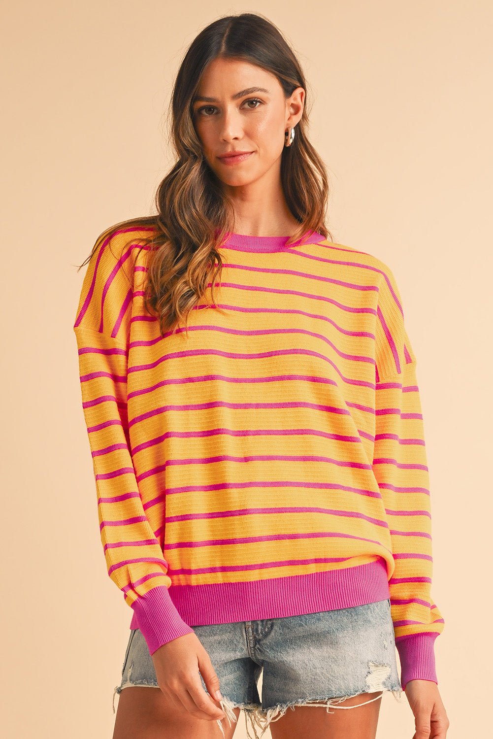 Orange Stripe Round Neck Drop Shoulder Loose Sweater - MAD RUFFI