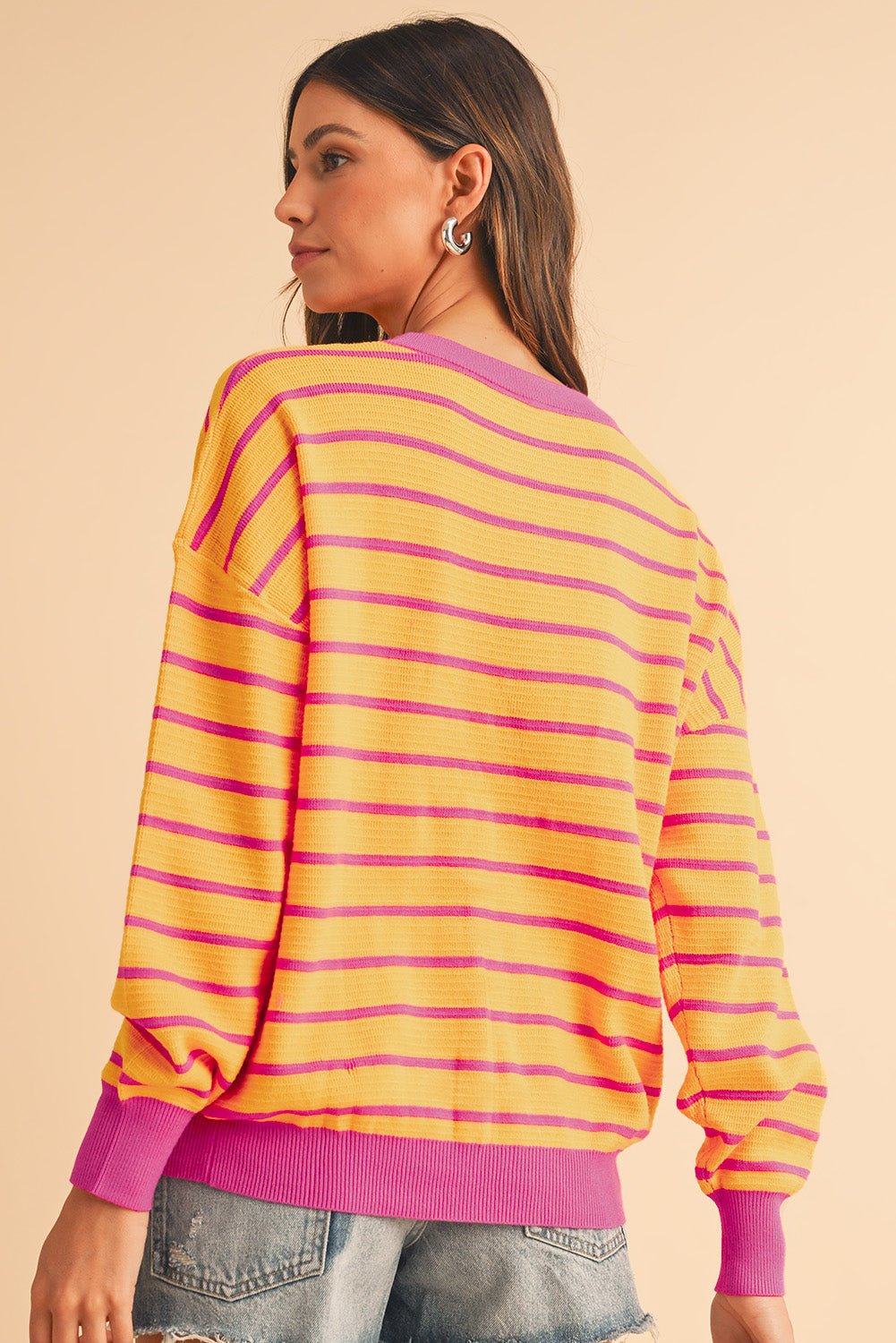 Orange Stripe Round Neck Drop Shoulder Loose Sweater - MAD RUFFI