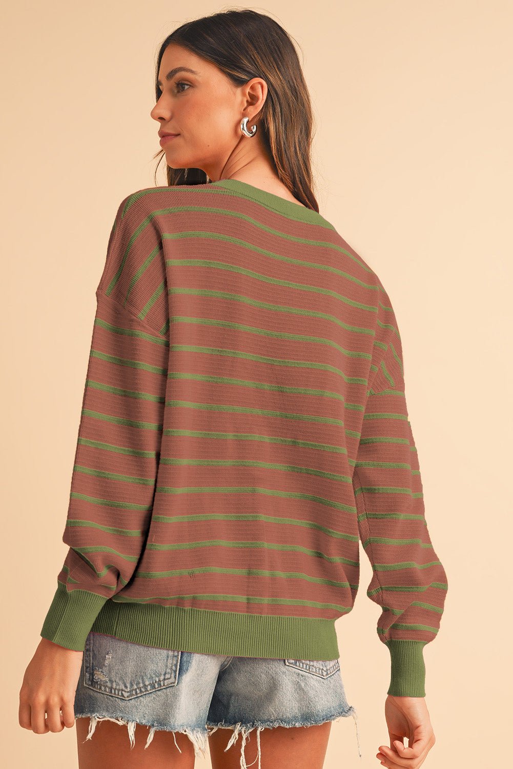 Orange Stripe Round Neck Drop Shoulder Loose Sweater - MAD RUFFI