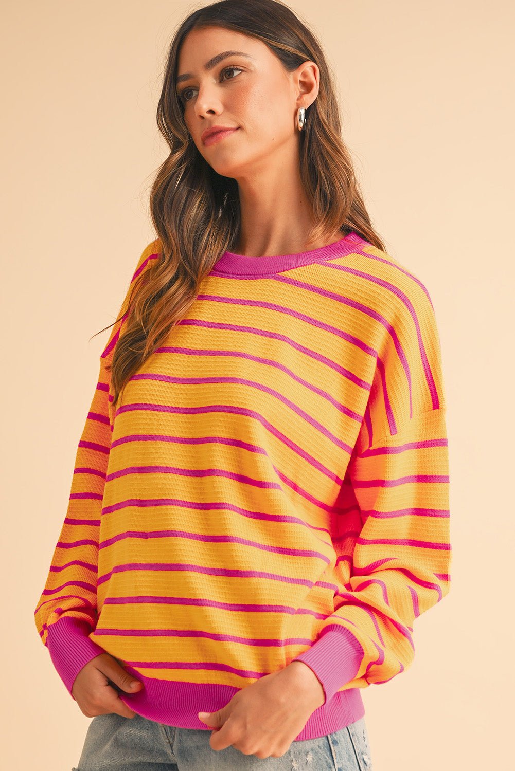 Orange Stripe Round Neck Drop Shoulder Loose Sweater - MAD RUFFI