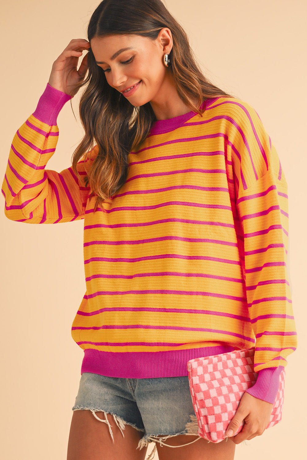 Orange Stripe Round Neck Drop Shoulder Loose Sweater - MAD RUFFI