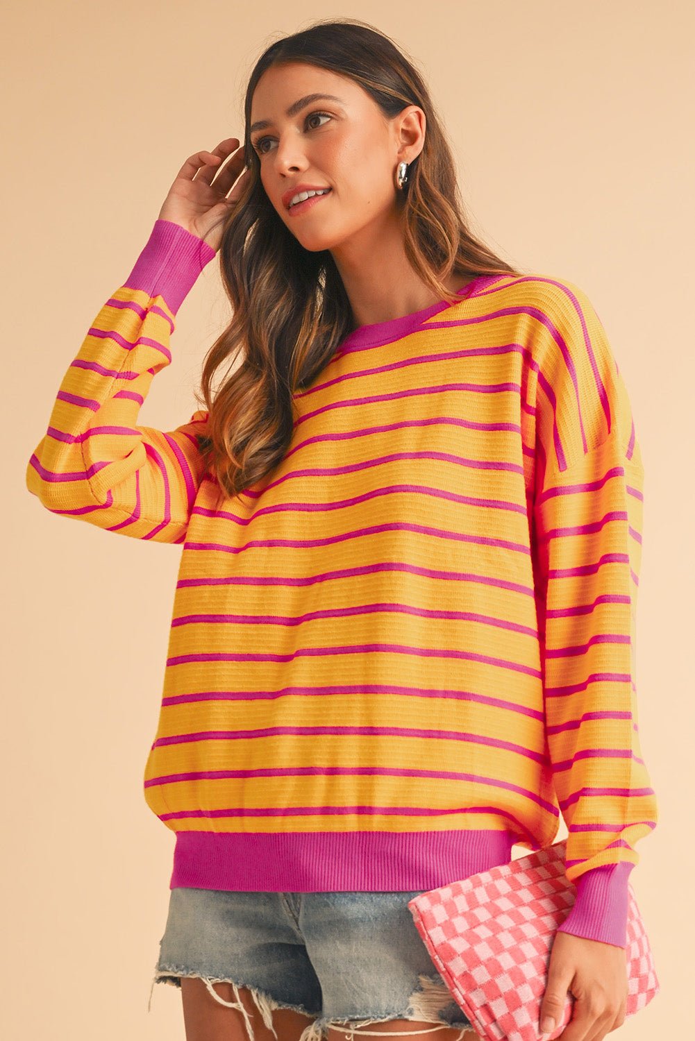 Orange Stripe Round Neck Drop Shoulder Loose Sweater - MAD RUFFI