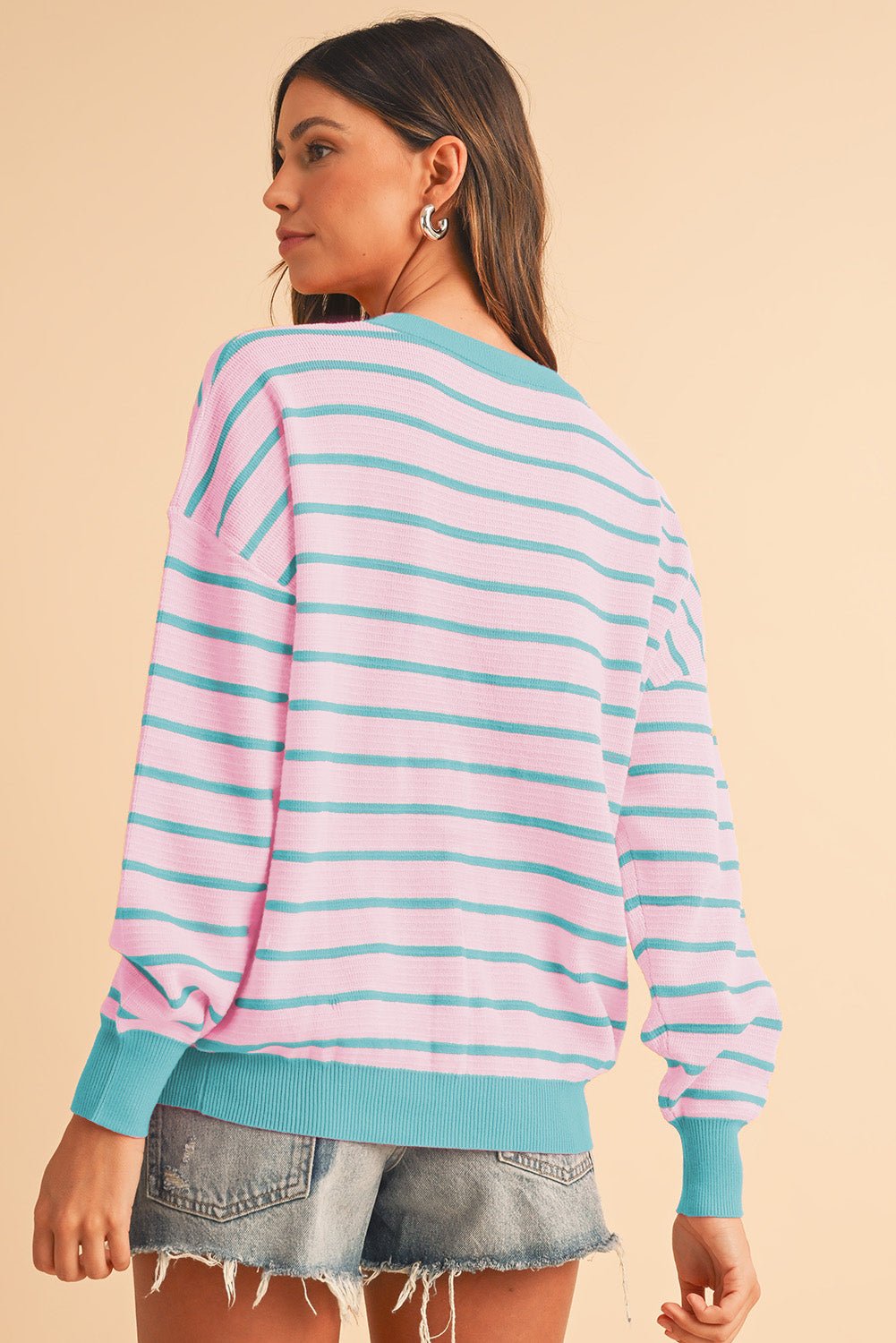Orange Stripe Round Neck Drop Shoulder Loose Sweater - MAD RUFFI