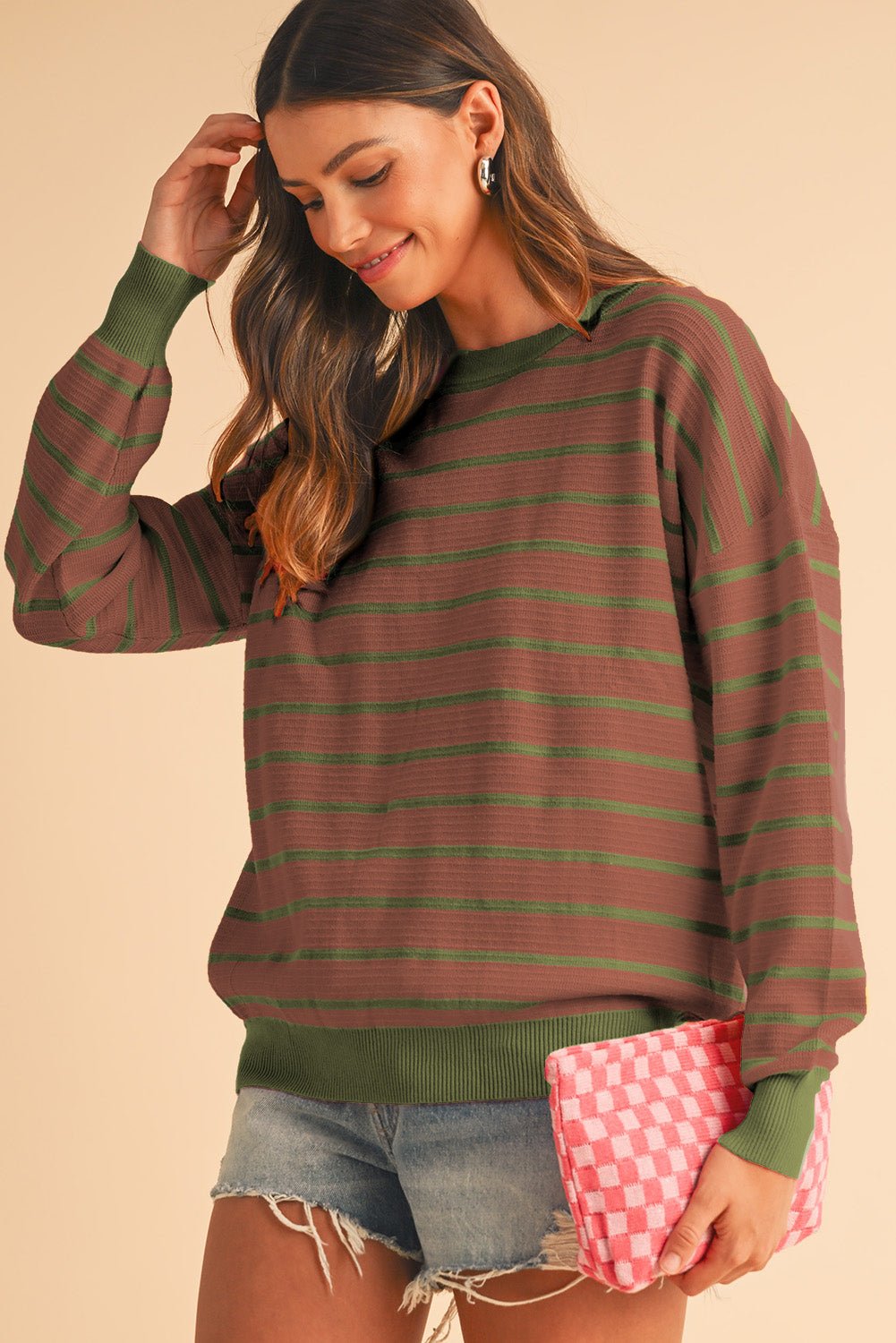 Orange Stripe Round Neck Drop Shoulder Loose Sweater - MAD RUFFI