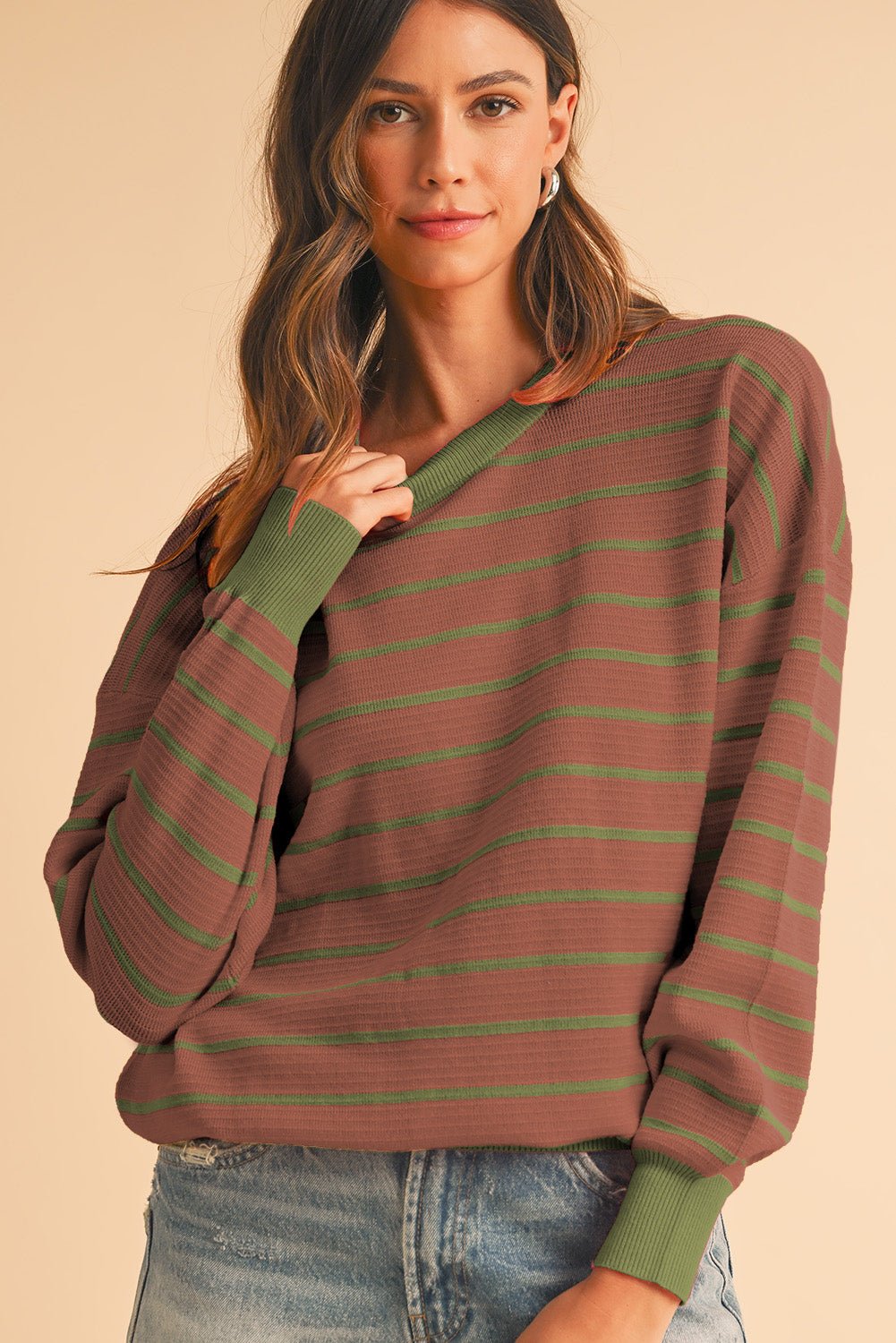 Orange Stripe Round Neck Drop Shoulder Loose Sweater - MAD RUFFI