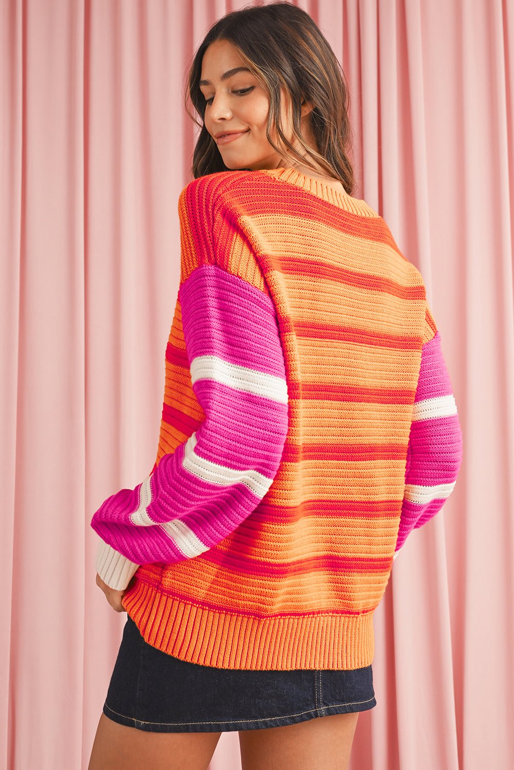 Orange Striped Colorblock Puff Sleeve Sweater - MAD RUFFI
