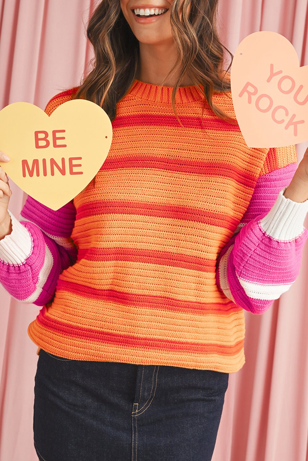 Orange Striped Colorblock Puff Sleeve Sweater - MAD RUFFI