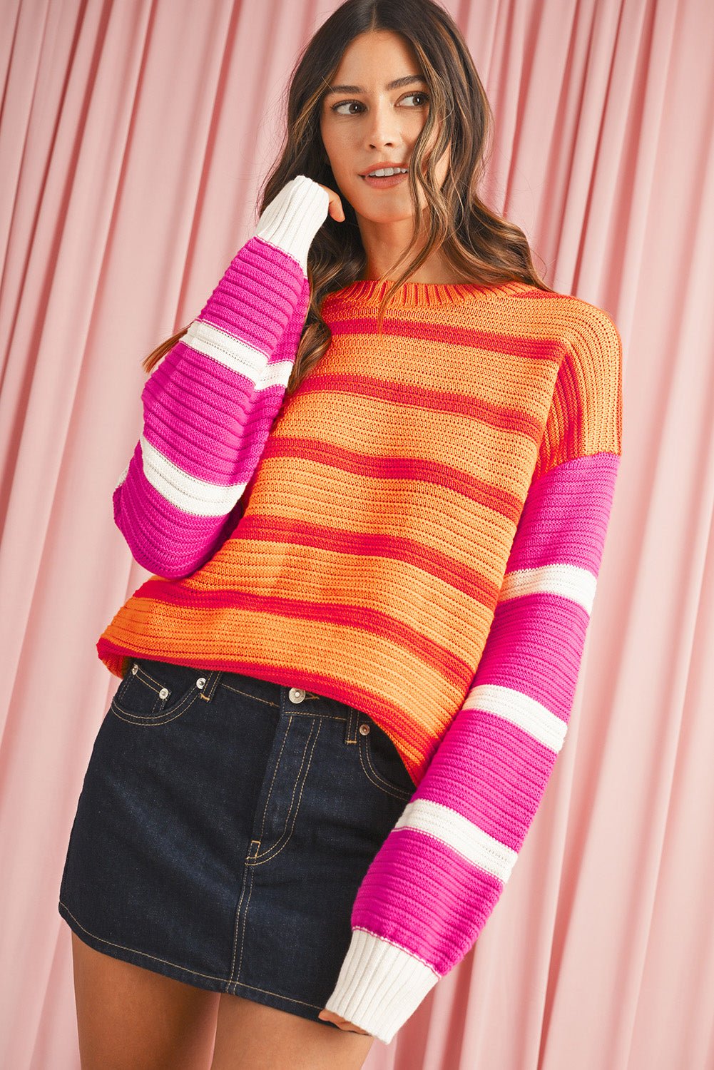 Orange Striped Colorblock Puff Sleeve Sweater - MAD RUFFI