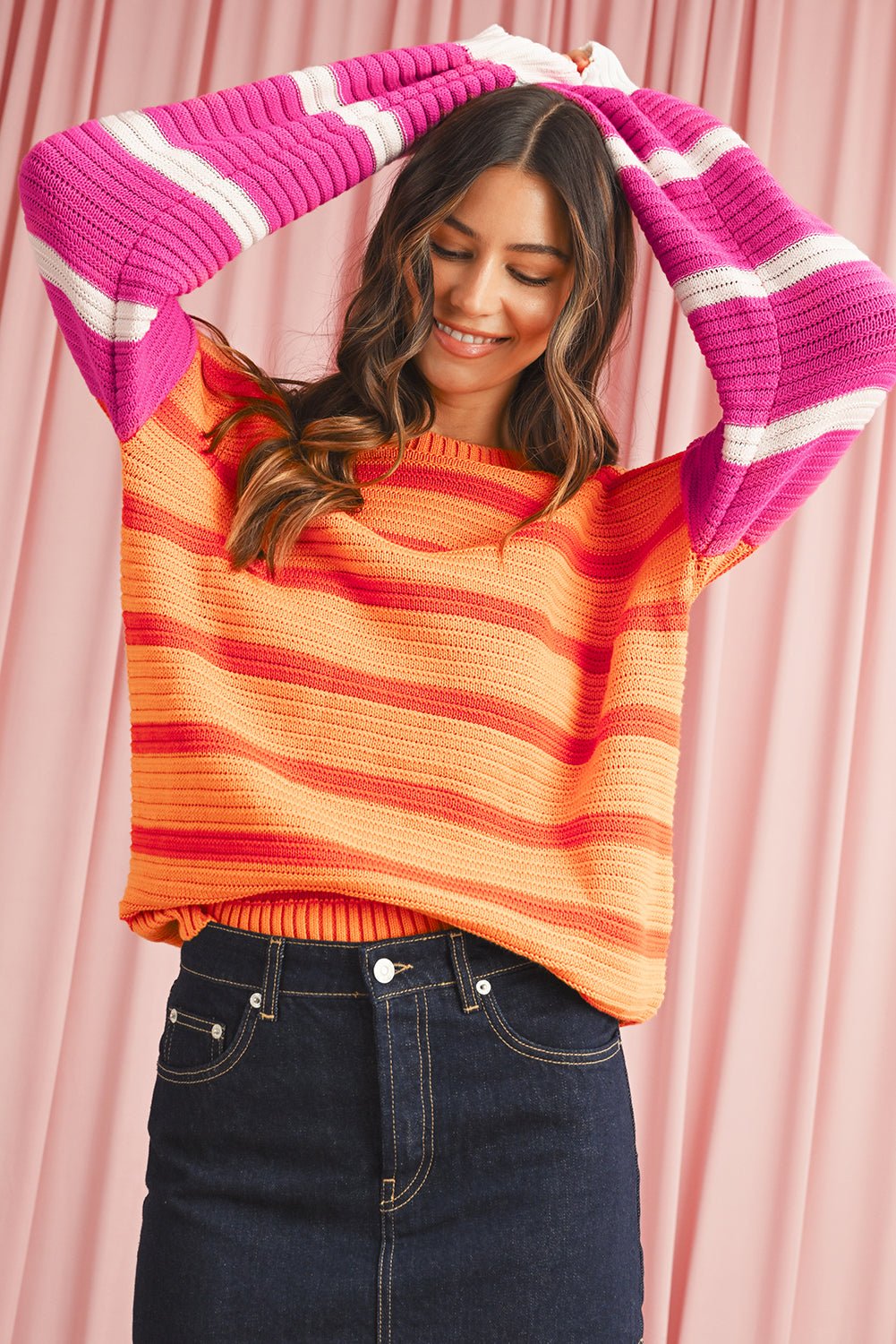 Orange Striped Colorblock Puff Sleeve Sweater - MAD RUFFI