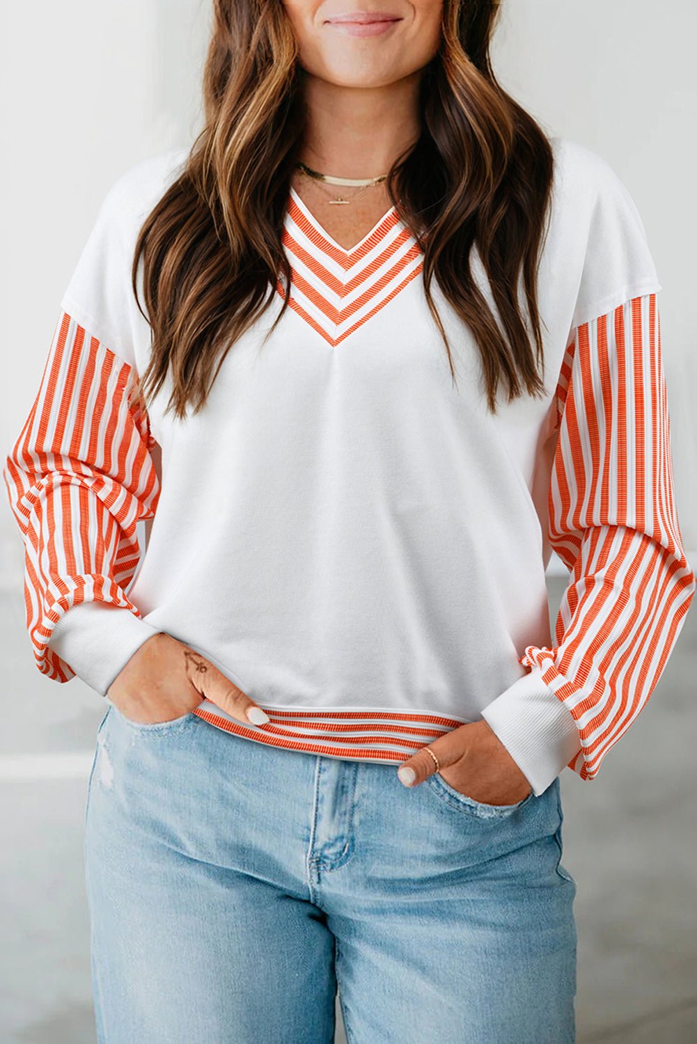 Orange Striped Patchwork Drop Sleeve Pullover Top - MAD RUFFI