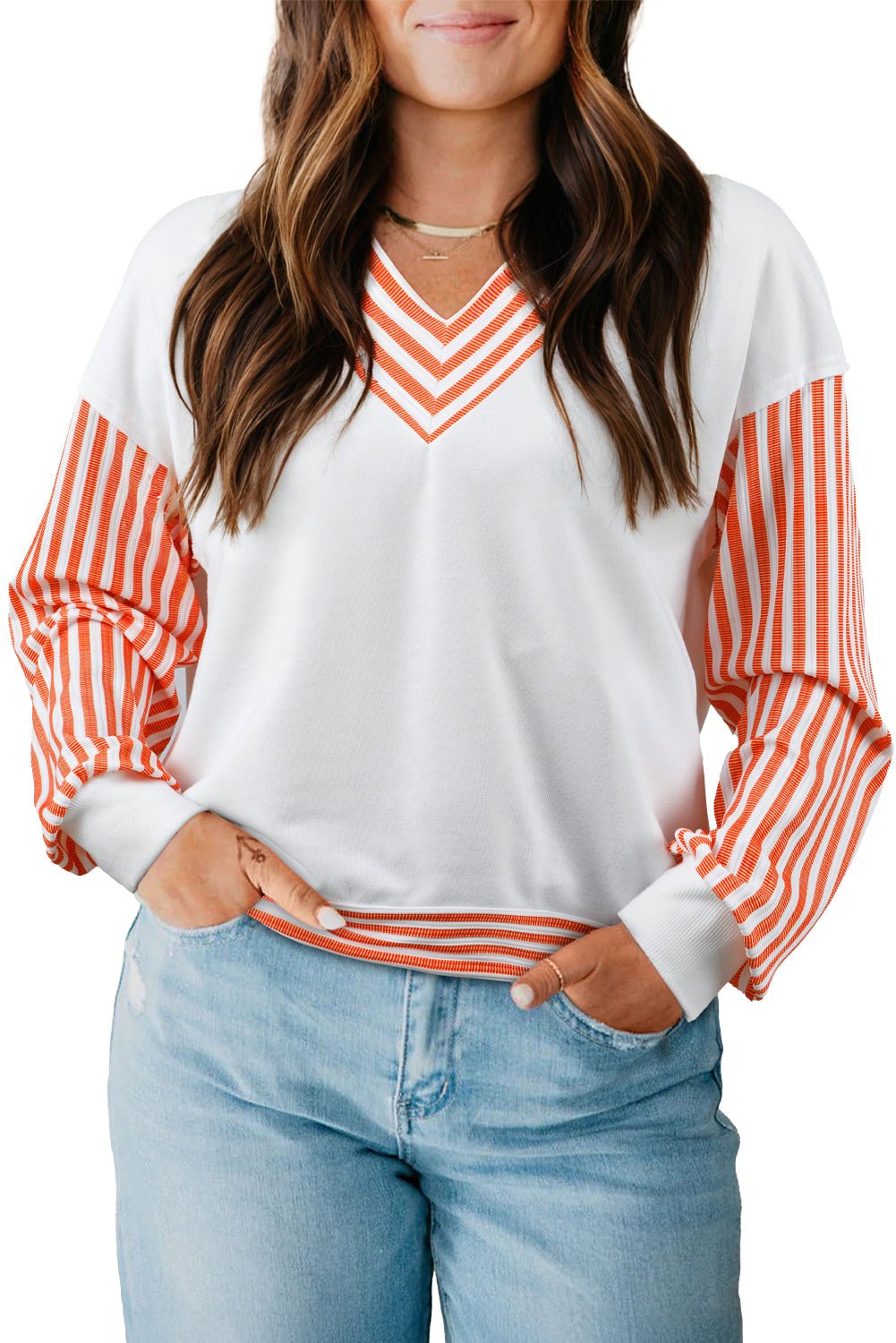 Orange Striped Patchwork Drop Sleeve Pullover Top - MAD RUFFI