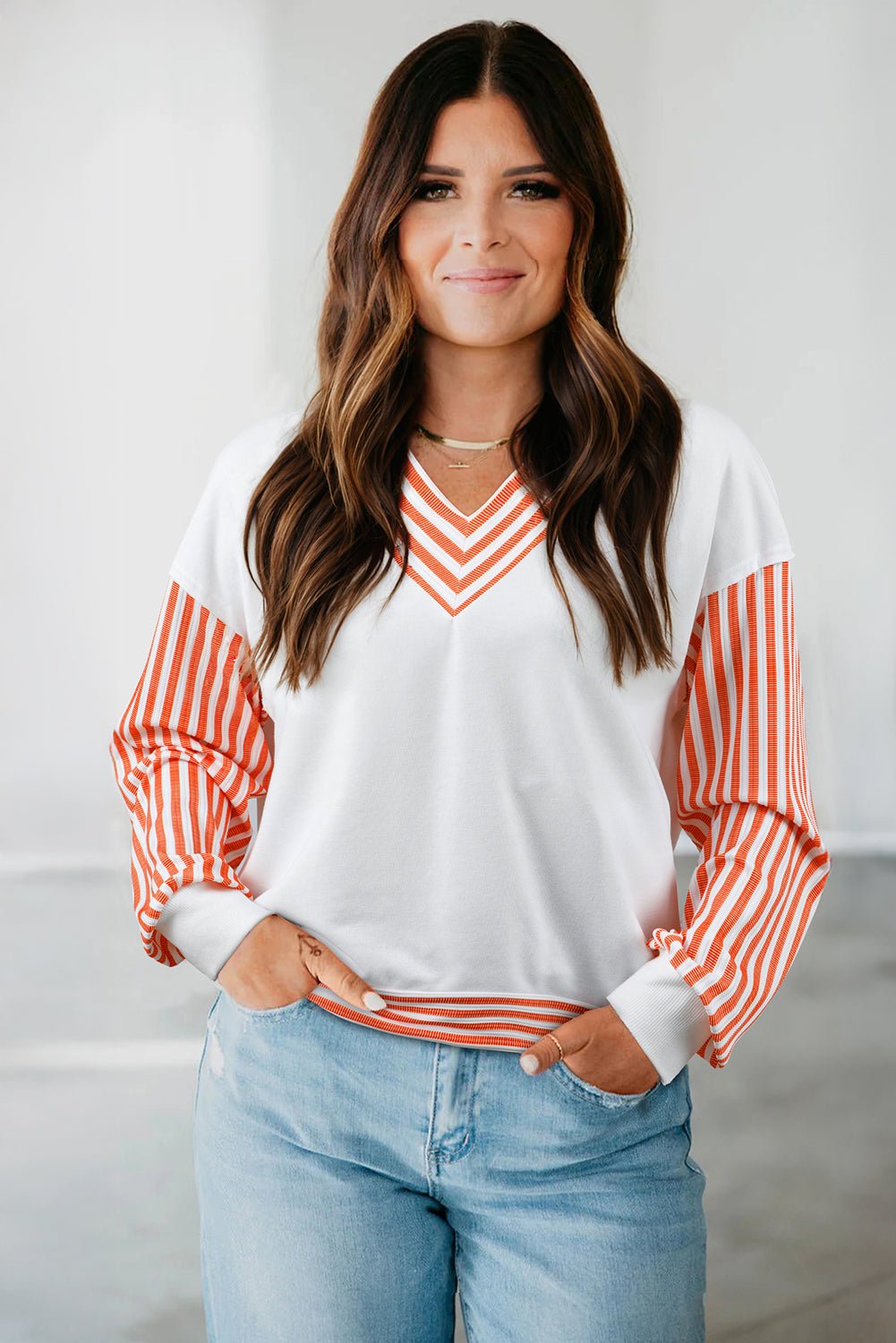 Orange Striped Patchwork Drop Sleeve Pullover Top - MAD RUFFI